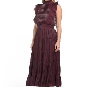 GREY COLLECTIVE NWT Hi-Neck Ruffle Sleve Smock Tiered Flounce Maxi Dress L Wine